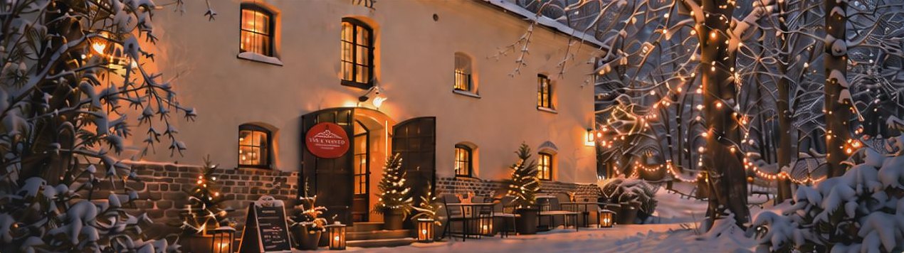 Sädesmagasinet i snö med tända lyktor, små granar och ljusslingor i träden