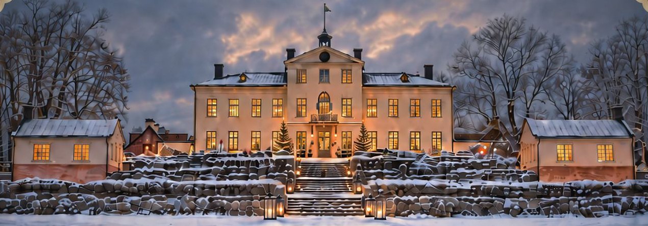 Östanå Slott en snöig vinterkväll, med tända fönster och lyktor längs trappan